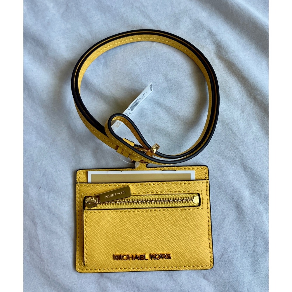 Michael Kors Jet Set Travel Card Case Lanyard Leather Daffodil Yellow NWT